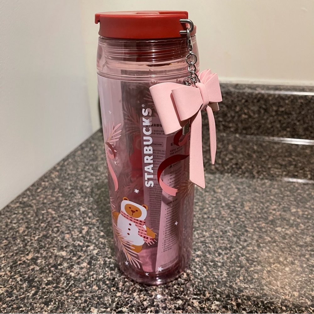 Starbucks 2025 Holiday Bear Pink Water Bottle With Pink Bow Charm 16oz
